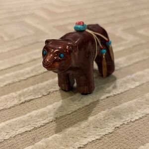 Cute Brown Bear Figurine with Turquoise Accents